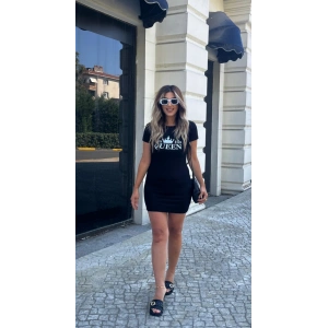 Kadın Kısa Kollu Queen Baskı Iki Iplik Mini Elbise