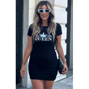 Kadın Kısa Kollu Queen Baskı Iki Iplik Mini Elbise