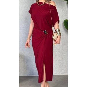 Kadın Kısa Kollu Tek Omuzdan Açık Beli Lastikli Sandy Maxi Elbise