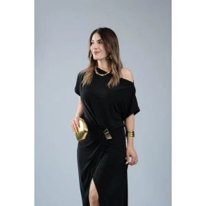 Kadın Kısa Kollu Tek Omuzdan Açık Beli Lastikli Sandy Maxi Elbise
