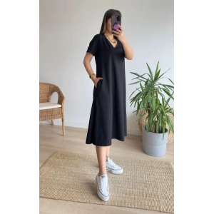 Kadın Kısa Kollu V Yaka Cepli A Kesim Detaylı Viskon Elbise