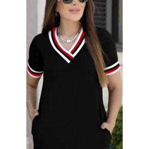 Kadın Kısa Kollu V Yaka Ribana Detay Midiboy Viskon Elbise