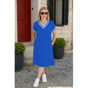 Kadın Kısa Kollu V Yaka Ve Yaka Ribana Detay Midiboy Viskon Elbise
