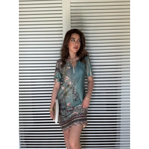 Kadın Kısa Kollu V Yakalı çiçek Baskılı Midi Süprem Elbise