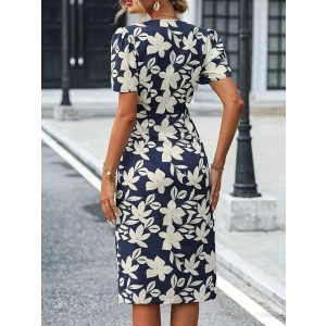 Kadın Kısa Kollu V Yakalı çiçek Desenli Midi Atlas Elbise