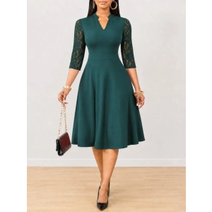Kadın Kısa Kollu V Yakalı Dantelli Kısa Ithal Krep Elbise