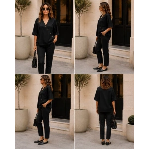 Kadın Kısa Kollu V Yakalı Düğmeli Bluz