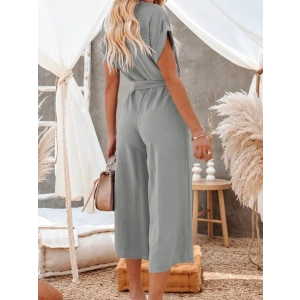 Kadın Kısa Kollu V Yakalı Düğmeli Kuşaklı Cep Detaylı Uzun Tulum