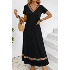 Kadın Kısa Kollu V Yakalı Etnik şerit Detaylı Uzun Viskon