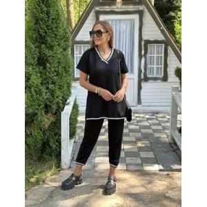 Kadın Kısa Kollu V Yakalı Iki Iplik Bluz Ve Pantolon Ikili Takım