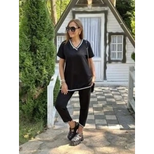 Kadın Kısa Kollu V Yakalı Iki Iplik Bluz Ve Pantolon Ikili Takım