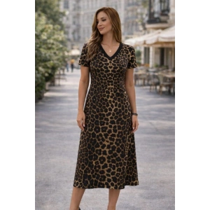Kadın Kısa Kollu V Yakalı Leopar Desenli Kısa Süprem Elbise