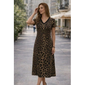 Kadın Kısa Kollu V Yakalı Leopar Desenli Kısa Süprem Elbise