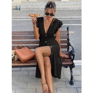 Kadın Kısa Kollu V Yakalı önden Düğmeli Bürümcük Midi Elbise