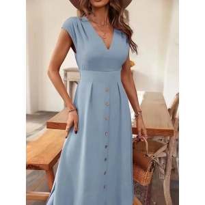 Kadın Kısa Kollu V Yakalı önden Düğmeli Midi Dokuma Viskon Elbise