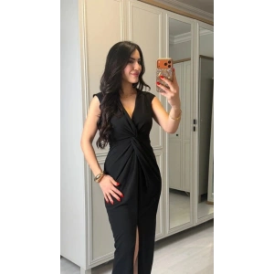 Kadın Kısa Kollu V Yakalı önü Sarmal Detaylı Yırtmaçlı Sandy Midi Elbise