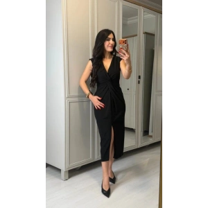 Kadın Kısa Kollu V Yakalı önü Sarmal Detaylı Yırtmaçlı Sandy Midi Elbise