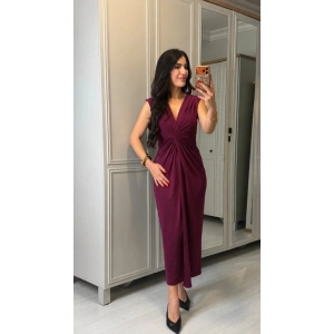 Kadın Kısa Kollu V Yakalı önü Sarmal Detaylı Yırtmaçlı Sandy Midi Elbise