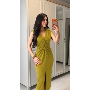 Kadın Kısa Kollu V Yakalı önü Sarmal Detaylı Yırtmaçlı Sandy Midi Elbise