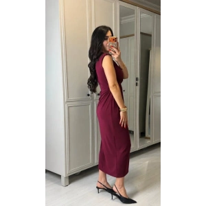 Kadın Kısa Kollu V Yakalı önü Sarmal Detaylı Yırtmaçlı Sandy Midi Elbise