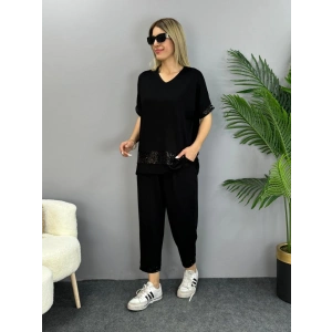 Kadın Kısa Kollu V Yakalı Pul Payetli Viskon Iki Iplik Bluz Ve Pantolon Ikili Takım