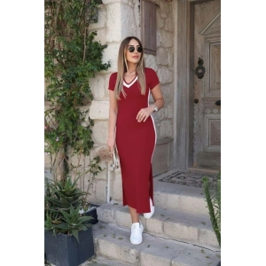 Kadın Kısa Kollu V Yakalı Yandan şerit Ve Yırtmaçlı Viskon Uzun Elbise