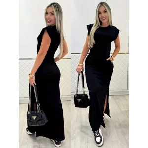 Kadın Kısa Kollu Vatkalı Cep Detaylı Yırtmaçlı Viskon Uzun Elbise
