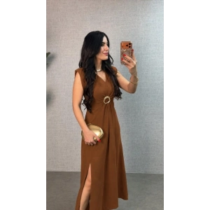 Kadın Kısa Kollu Vatkalı önden Tokalı Yandan Yırtmaçlı Uzun Ithal Krep Elbise