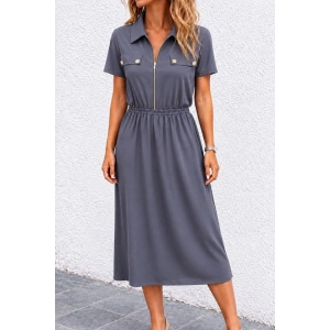 Kadın Kısa Kollu Yakalı Fermuarlı Süs Cep Detaylı Uzun Viskon Iki Iplik Elbise