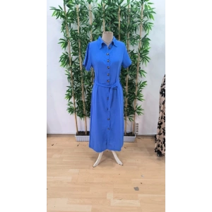 Kadın Kısa Kollu Yakalı önden Düğmeli Beli Kuşaklı Ithal Keten Elbise