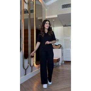Kadın Kısa Kollu Yakalı Viskon Iki Iplik Bluz Ve Pantolon Ikili Takım