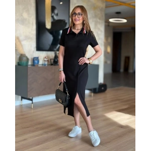 Kadın Kısa Kollu Yakalı Yırtmaçlı Midi Viskon Iki Iplik Elbise