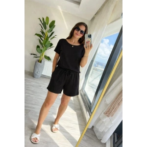 Kadın Kısa Kollu Yakası Açık Modal Bluz Ve Bağcıklı Kısa şort Ikili Takım