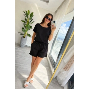 Kadın Kısa Kollu Yakası Açık Modal Bluz Ve Bağcıklı Kısa şort Ikili Takım
