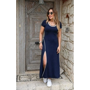 Kadın Kısa Kollu Yuvarlak Yaka Beyaz Yırtmaç Detaylı Viskon Tam Boy Elbise