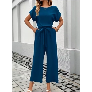 Kadın Kısa Kollu Yuvarlak Yakalı Beli Lastikli Cepli Aerobin Tulum