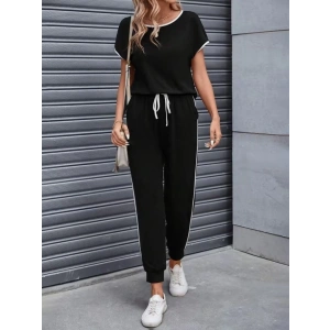 Kadın Kısa Kollu Yuvarlak Yakalı şerit Detaylı Viskon Iki Iplik Bluz Ve Pantolon Ikili Takım