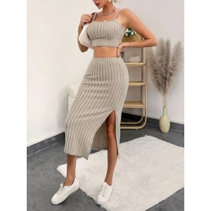 Kadın Kolsuz Askılı Crop Yırtmaçlı Midi Etek Fitilli Kaşkorse Takım