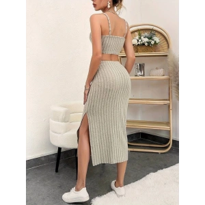 Kadın Kolsuz Askılı Crop Yırtmaçlı Midi Etek Fitilli Kaşkorse Takım