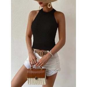Kadın Kolsuz Halter Yaka Mini Baklava Desenli Triko Bluz