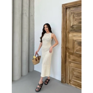 Kadın Kolsuz Kuş Gözü Teday Full Transparan Maxi Boy Elbise