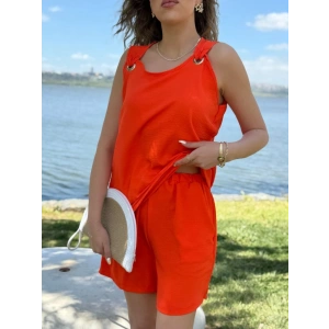 Kadın Kolsuz V Yaka Kuş Gözü Detay Bluz Short Aerobin Ikili Takım