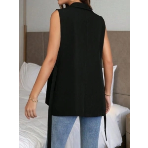 Kadın Kolsuz Yakalı önden Düğmeli Belden Kuşaklı Atlas Ceket