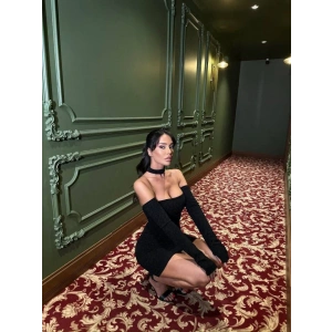Kadın Madonna Yaka Simli Flower Kumaş Mini Elbise