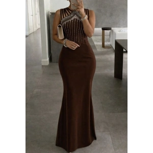 Kadın Omuz çoklu Askılı önü Taş Işlemeli Balık Kesim Janjan Krep Maxi Boy Elbise