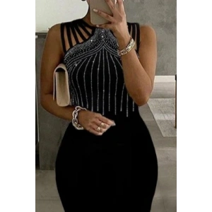 Kadın Omuz çoklu Askılı önü Taş Işlemeli Balık Kesim Janjan Krep Maxi Boy Elbise