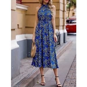 Kadın Omuz Dekolteli Halter Yaka Desenli Maxi Süprem Elbise