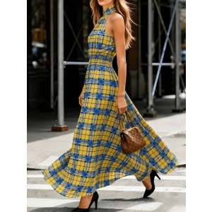 Kadın Omuzlardan Açık Balıkçı Yaka Beli Lastikli Ekose Desenli Uzun Süprem Elbise