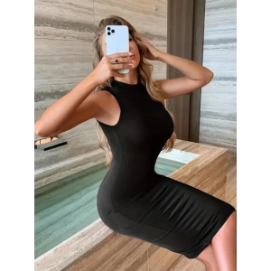 Kadın Omuzlardan Açık Bisiklet Yaka Janjan Krep Elbise