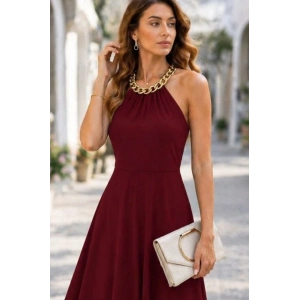 Kadın Omuzlardan Açık Boyundan Zincir Detaylı Midi Viskon Elbise